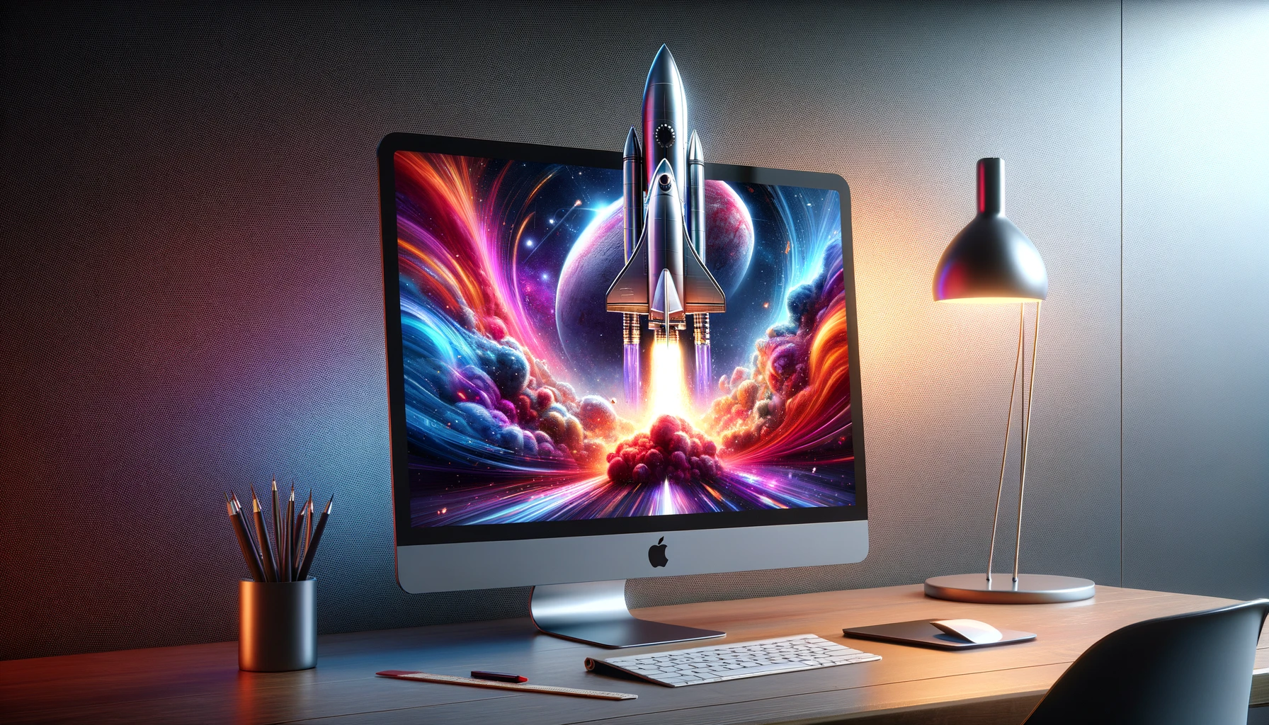 Rocket Shuttle taking off from imac screen