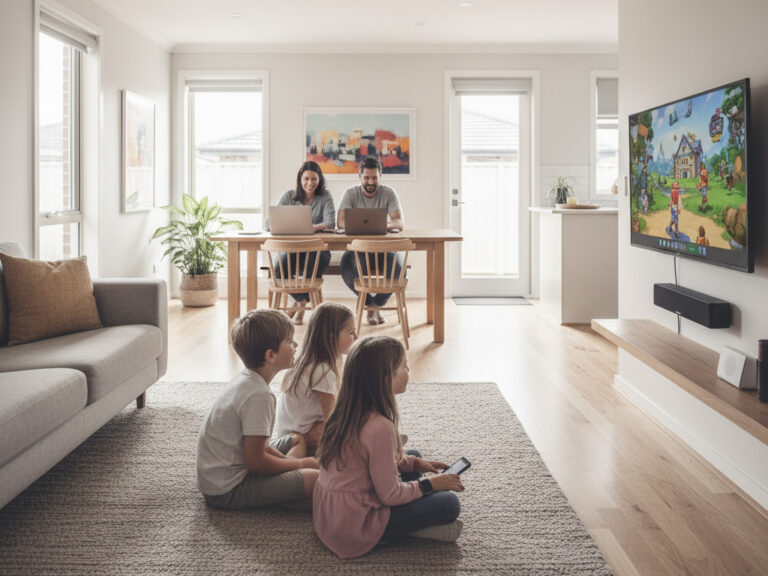 Kids watching the TV and parents in the background on their laptops