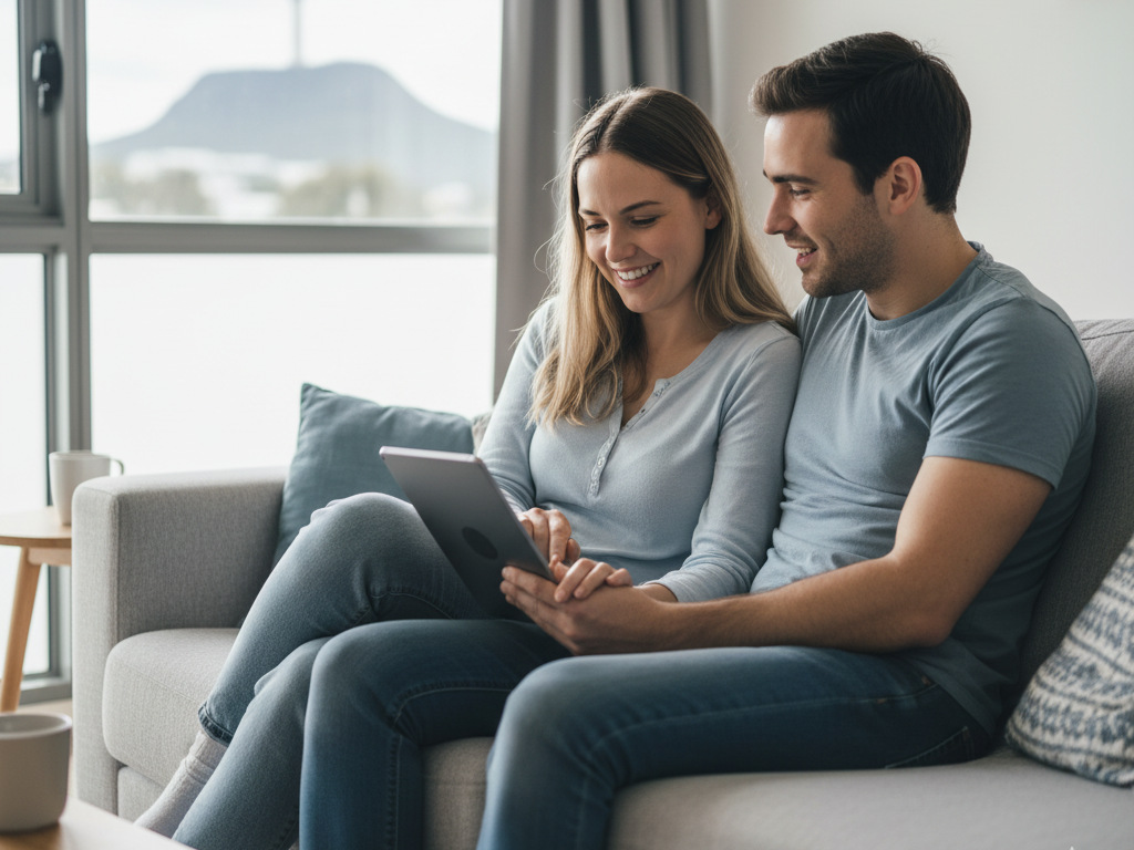 Couple sitting on the couch using a tablet