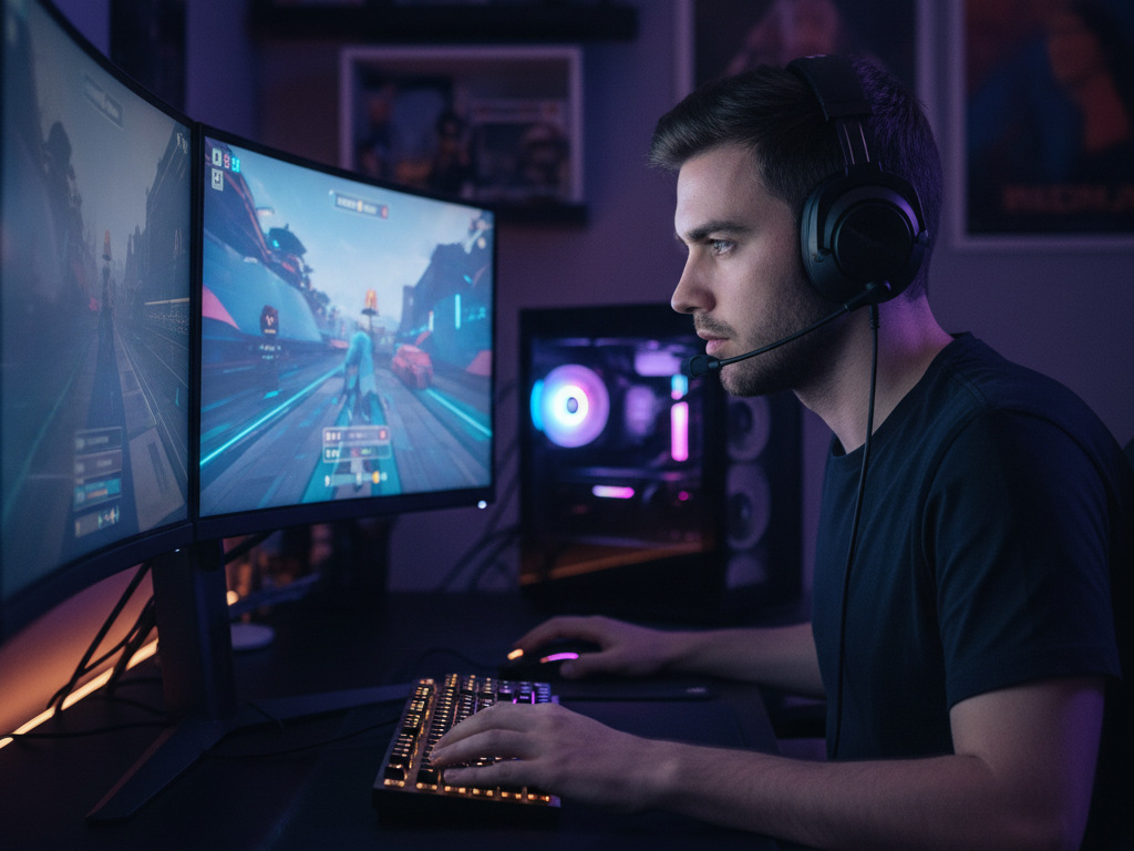 Male sitting at his desk in a dark room playing computer games