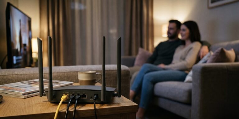 Young couple sitting on couch with router in the fore front