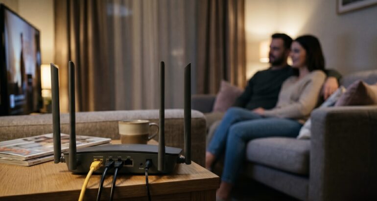 Young couple sitting on couch with router in the fore front